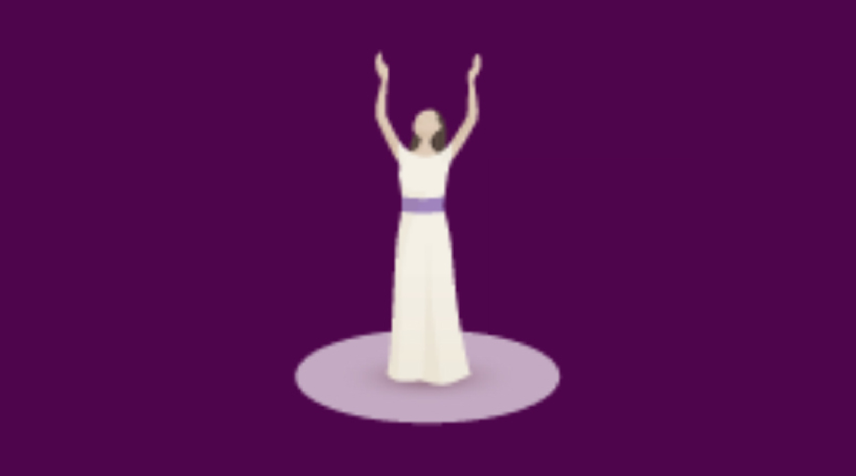 cartoon animation of a lady lifting her arms up in a purple background